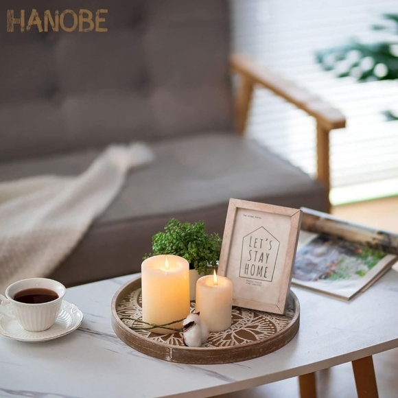 Hanobe Round Wood Decorative Coffee Table Tray Rustic Boho Washed Centerpiece - Picture 4 of 10